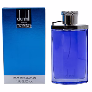 تصویر عطر دانهیل دیزایر بلو مردانه با شیشه آبی رنگ و طراحی مدرن.