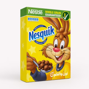 تصویر جعبه غلات صبحانه توپی شکلاتی نسکوئیک نستله 375 گرم با خرگوش نسکوئیک.
