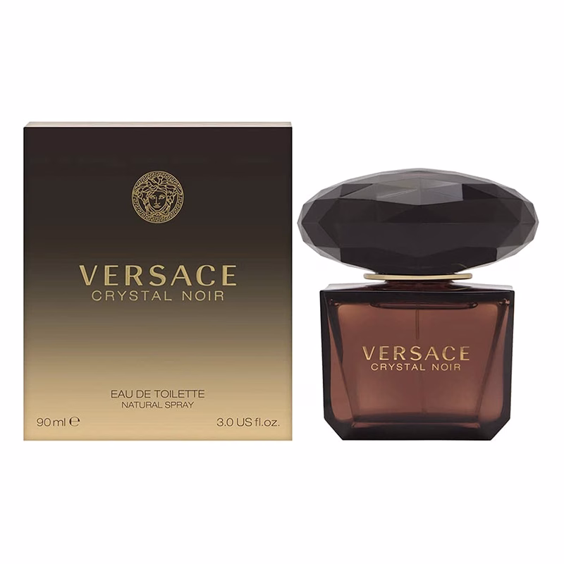 VERSACE-Crystal-Noir-EDT عطر زنانه ورساچه کریستال نویر ادو پرفیوم، بطری مشکی لوکس با درپوش الماسی.