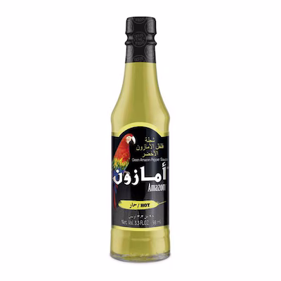 بطری سس فلفل سبز تند آمازون 98 میلیلیتر با برچسب طوطی قرمز. سس فلفل سبز Amazon Green Pepper Sauce