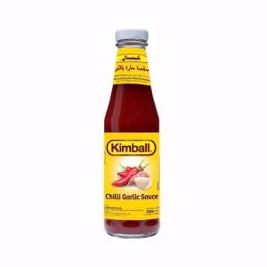 بطری سس فلفل و سیر کیمبال ۳۲۵ گرم با برچسب زرد و تصویر فلفل و سیر.