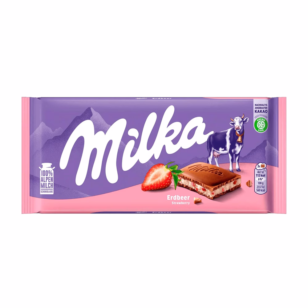 strawberry شکلات Milka Strawberry Cream با شکلات شیری و مغز کرم توتفرنگی