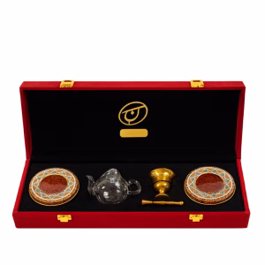 پک هدیه زعفران قوری و هاون دار مخمل قرمز