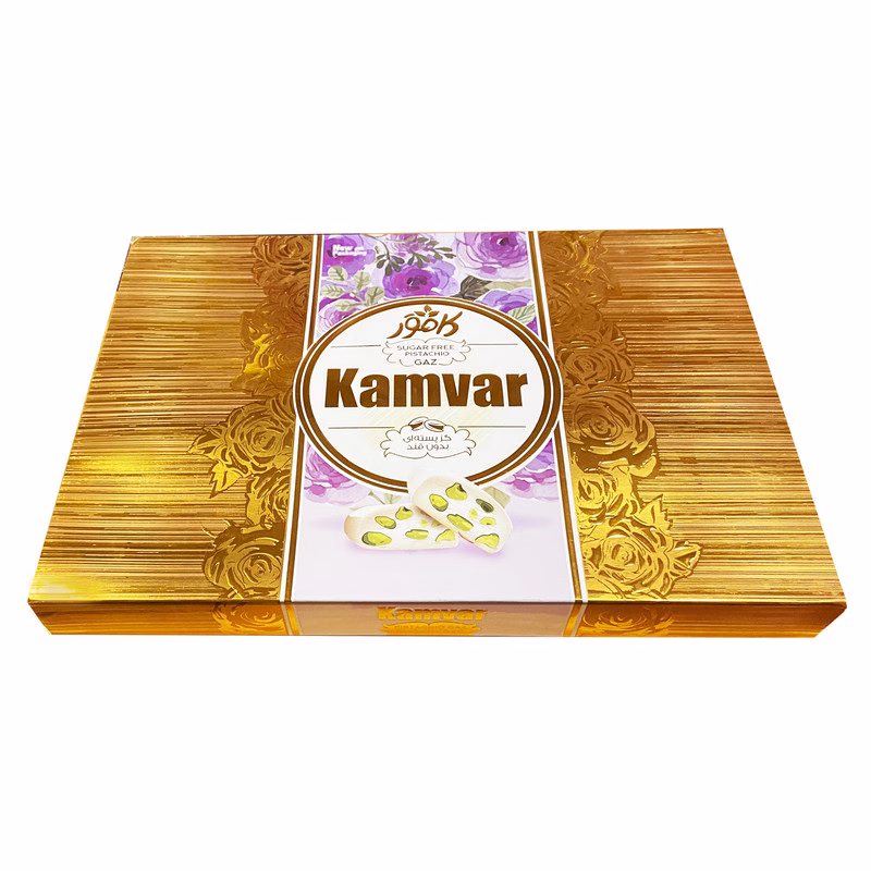 گز پسته ای بدون قند کامور 380 گرم طلاکوب گز پسته ای بدون قند کامور 380 گرم طلاکوب