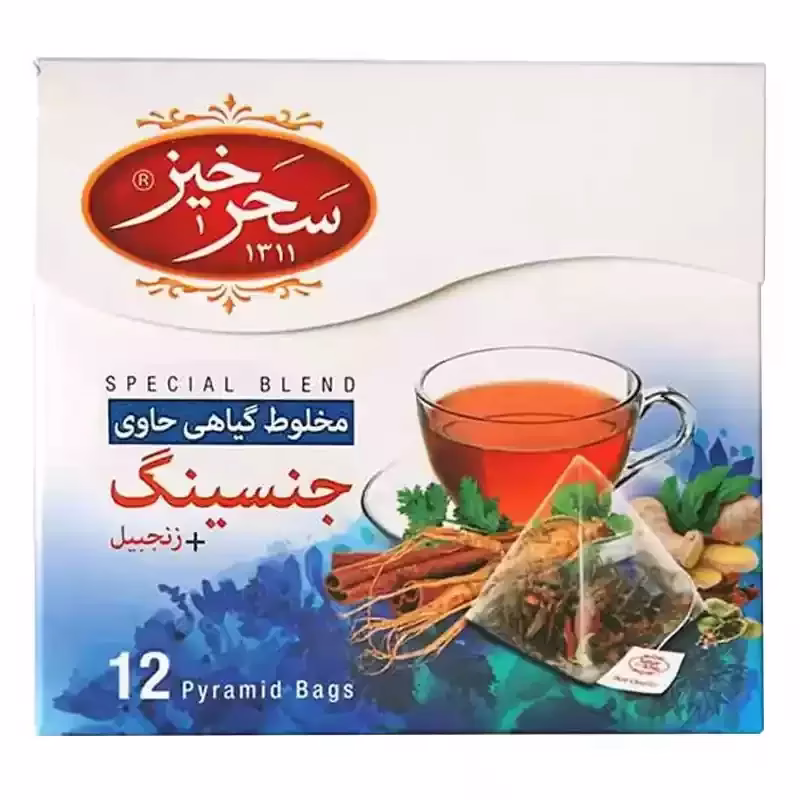 دمنوش مخلوط گیاهی جنسینگ و زنجبیل سحرخیز (12 عدد چای کیسهای)